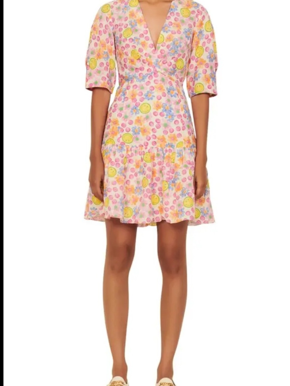 Sandro Pink Multicolor Smiley Print Short Dress